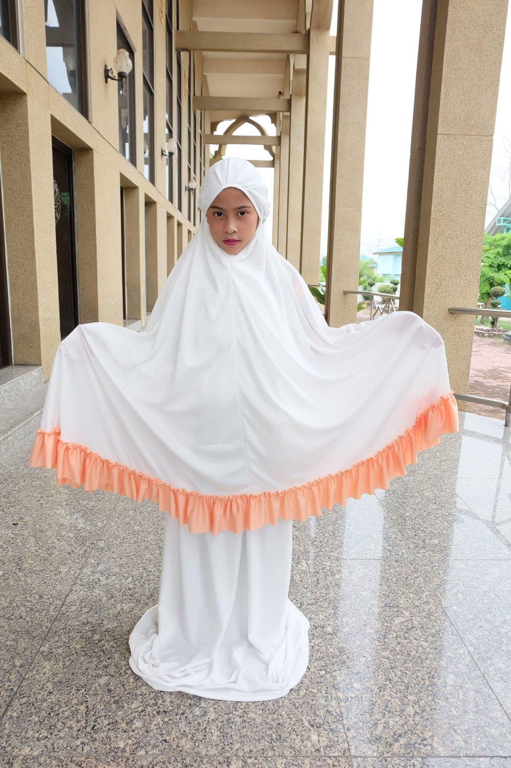 ตะละกงเด็ก ชุดละหมาดเด็ก talakongdek ผ้าละหมาดเด็ก สีขาว แต่งด้วยชายระบายสีส้ม 9-12ปี