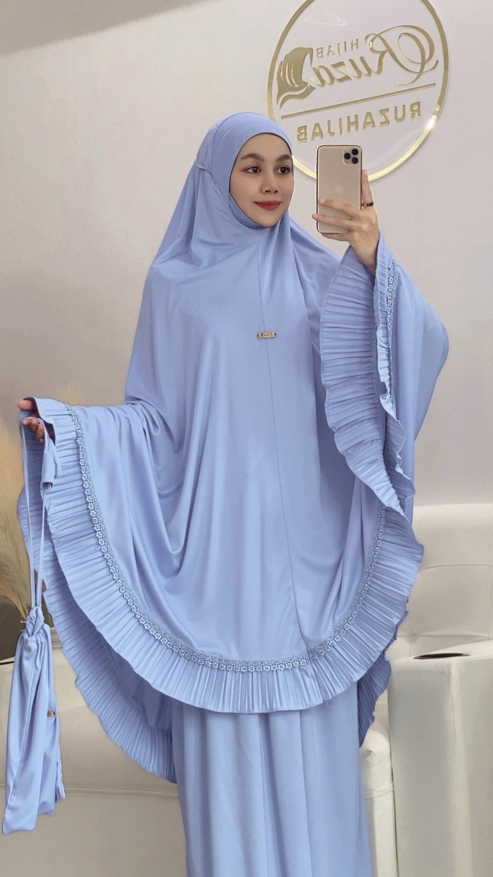 ผ้าละหมาดราคาถูก ชุดละหมาด ตะละกงพกพาพร้อมส่ง  FARIA อัดพลีท แต่งลูกไม้ เนื้อผ้า    Viscose premium