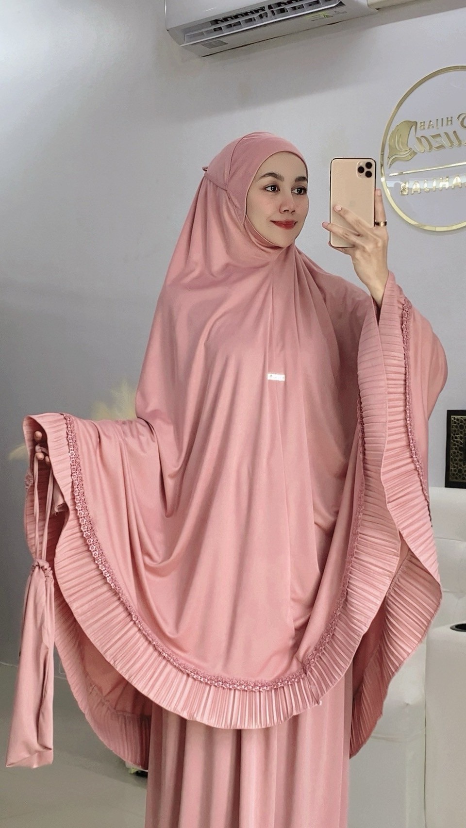 ผ้าละหมาดราคาถูก ชุดละหมาด ตะละกงพกพาพร้อมส่ง  FARIA อัดพลีท แต่งลูกไม้ เนื้อผ้า    Viscose premium