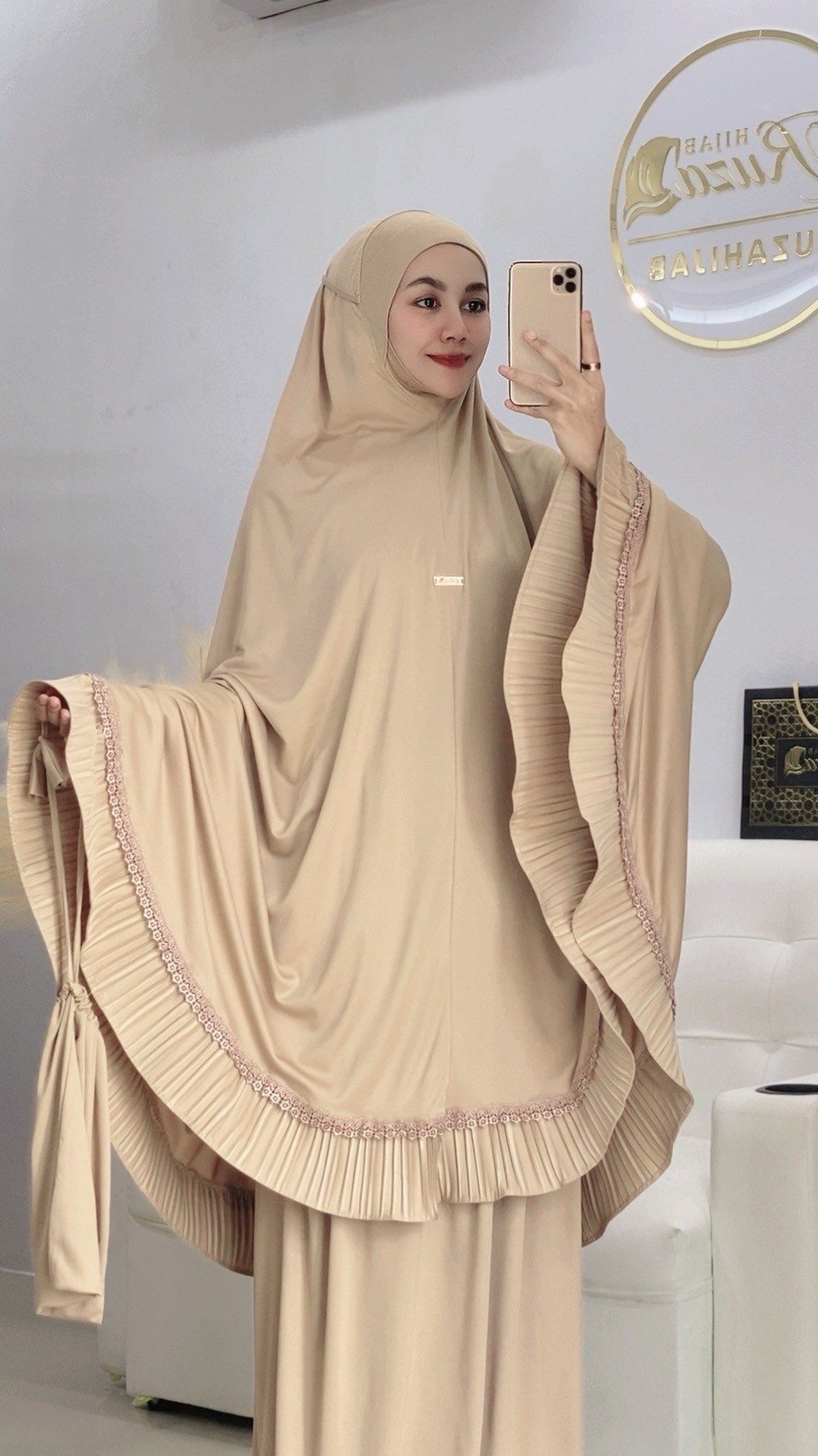 ผ้าละหมาดราคาถูก ชุดละหมาด ตะละกงพกพาพร้อมส่ง  FARIA อัดพลีท แต่งลูกไม้ เนื้อผ้า    Viscose premium