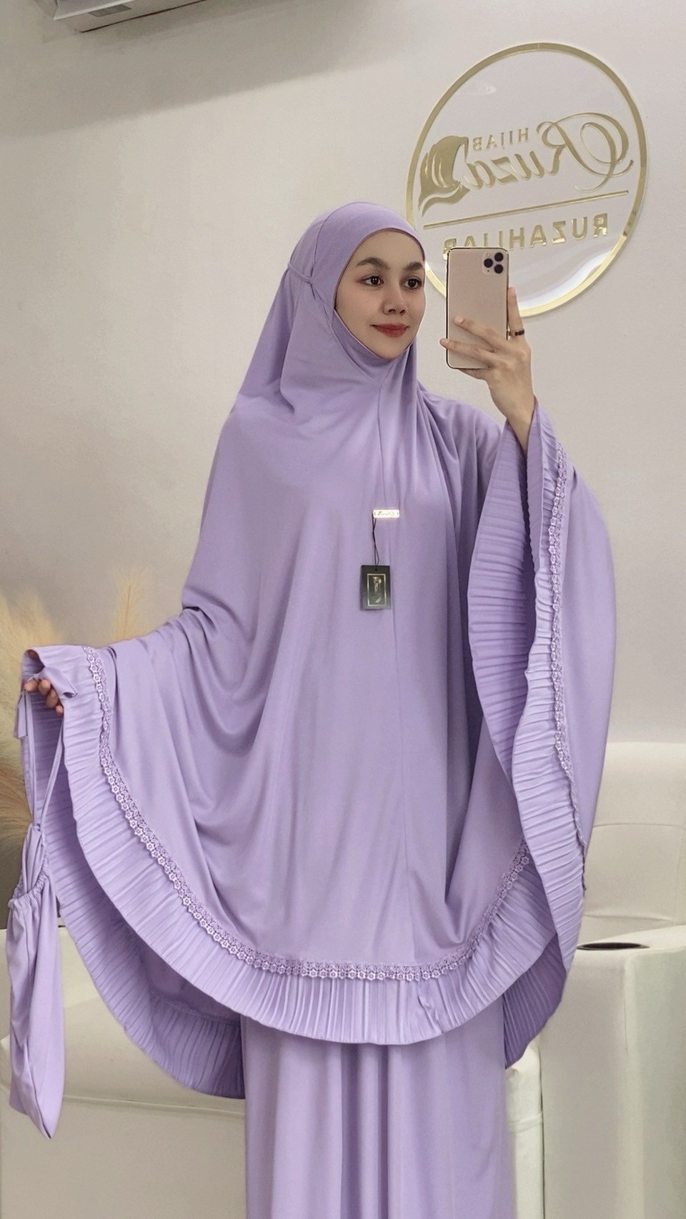 ผ้าละหมาดราคาถูก ชุดละหมาด ตะละกงพกพาพร้อมส่ง  FARIA อัดพลีท แต่งลูกไม้ เนื้อผ้า    Viscose premium