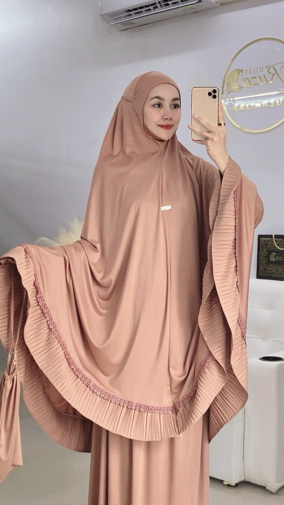 ผ้าละหมาดราคาถูก ชุดละหมาด ตะละกงพกพาพร้อมส่ง  FARIA อัดพลีท แต่งลูกไม้ เนื้อผ้า    Viscose premium