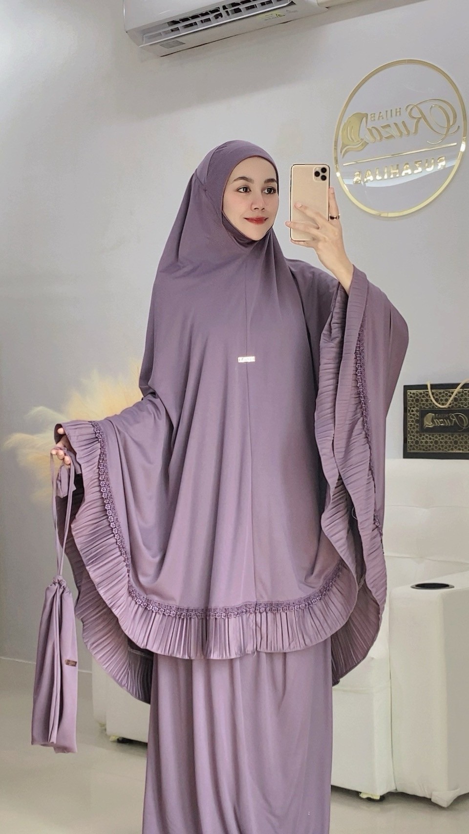 ผ้าละหมาดราคาถูก ชุดละหมาด ตะละกงพกพาพร้อมส่ง  FARIA อัดพลีท แต่งลูกไม้ เนื้อผ้า    Viscose premium